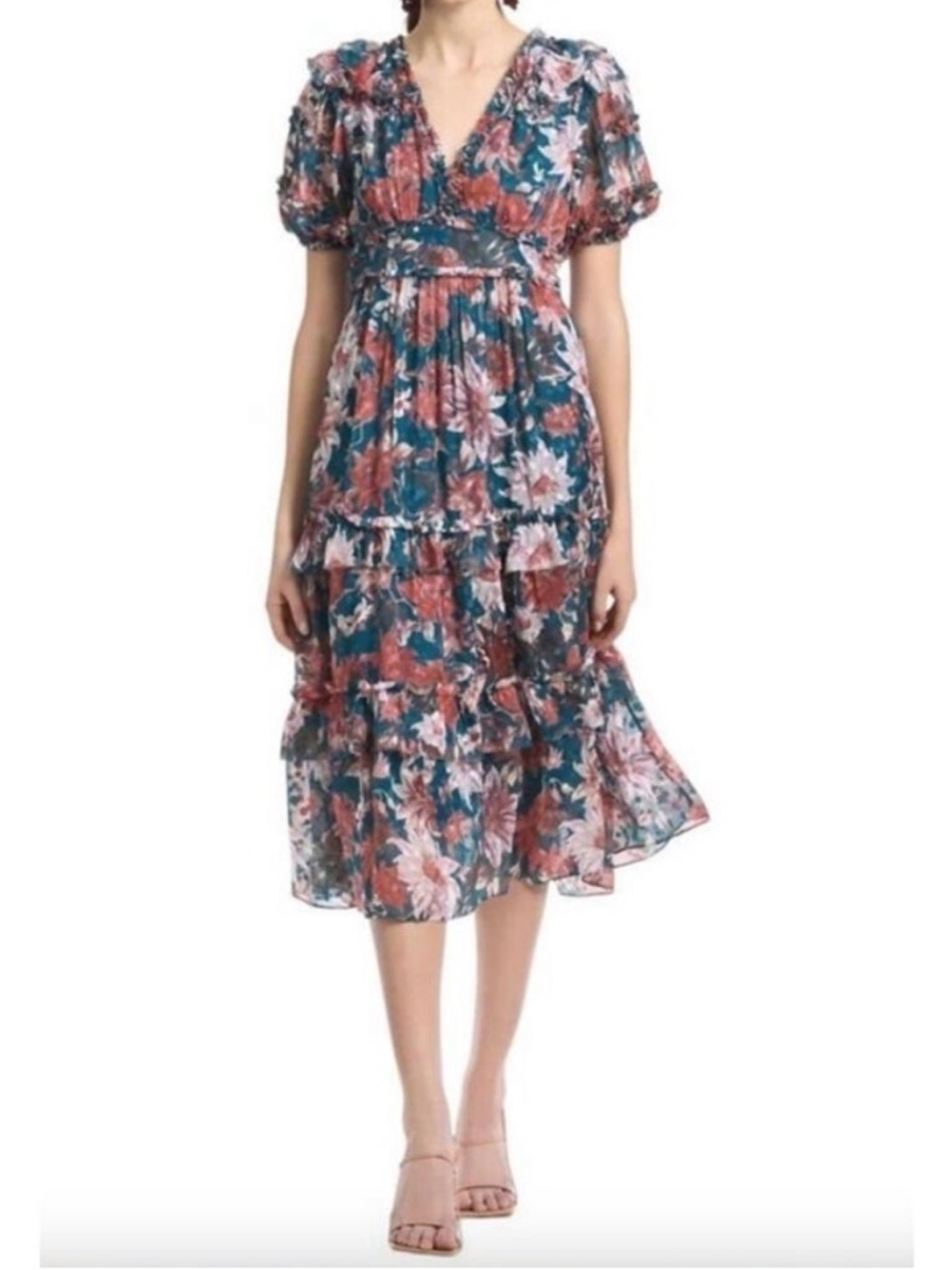 Sachin & Babi Women's Blue Floral Tiered V-Neck Veronica A-Line Dress Size 6